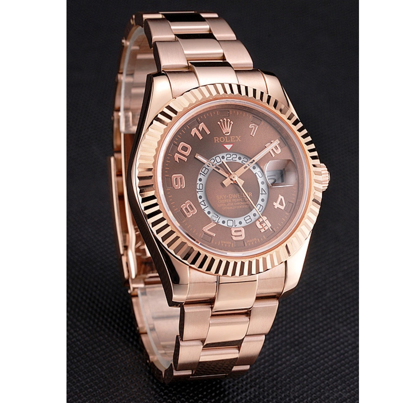 Aaa replica Gold Ad Brown Dweller Rolex Sky Bracelet Case Dial Rose 0713